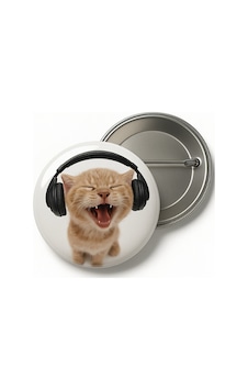 Sarkastik Müzik Dinleyen Kedi Rozet-44 Mm Çok Renkli