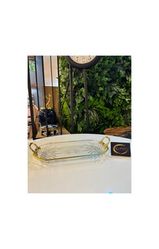 Timeless Gold Yaldızlı, Gold Metal Kulplu Dekoratif Sunumluk Tepsi, Kayık Tabak