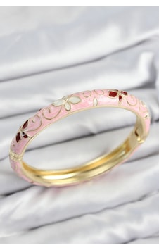 Mineli Pirinç Pembe Çiçek Motifli Gold Kadın Kelepçe