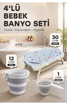 4'lü Bebek Yıkama Seti Kaymaz Taban, Katlanır Akordiyon Bebek Banyo Seti