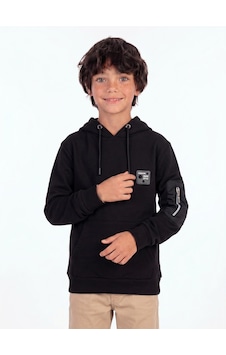 Onloox Erkek Siyah Erkek Çocuk Siyah Pamuklu Kapüşon Yaka Tam Kalıp Kolu Fermuar Detaylı Sweatshirt 9 Yaş