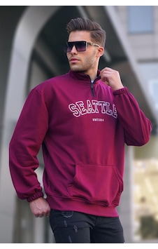 Madmext Bordo Fermuar Yakalı Nakışlı Sweatshirt 6026 Bordo