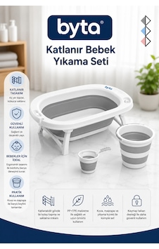 Katlanır Bebek Banyo Seti 3'lü Küvet, Kova Ve Maşrapa, Portatif Ve Yer Tasarruflu, Gri Beyaz Katlanır Bebek Banyo Seti 3'lü Küvet, Kova Ve Maşrapa, Portatif Ve Yer Tasarruflu, Gri Beyaz