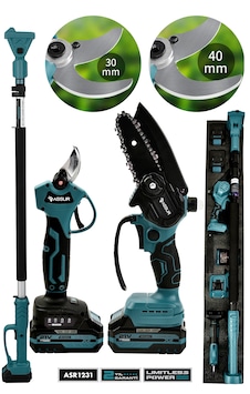 Assur Asr1231 3'lü Set 21v Çift Akülü Teleskopik Kollu Bağ Makası & Budama Testeresi Mavi Assur Asr1231 3'lü Set 21v Çift Akülü Teleskopik Kollu Bağ Makası & Budama Testeresi Mavi
