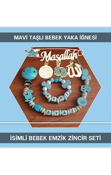Sahi Aksesuar İsimli Bebek Emzik Seti ve Mavi Taşlı Bebek Yaka İğnesi Mavi Sahi Aksesuar İsimli Bebek Emzik Seti ve Mavi Taşlı Bebek Yaka İğnesi Mavi