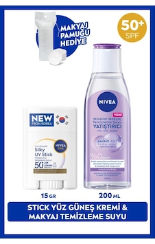 Sun Spf50 Güneş Koruyucu Stick Yüz Kremi Ve Yatıştırıcı Makyaj Temizleme Suyu 200ml, Pamuk Hediye Sun Spf50 Güneş Koruyucu Stick Yüz Kremi Ve Yatıştırıcı Makyaj Temizleme Suyu 200ml, Pamuk Hediye