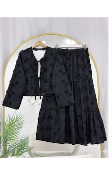 Lovie Moda Kadın Çiçek Nakışlı Kimono Etekli Takım - Siyah Lovie Moda Kadın Çiçek Nakışlı Kimono Etekli Takım - Siyah
