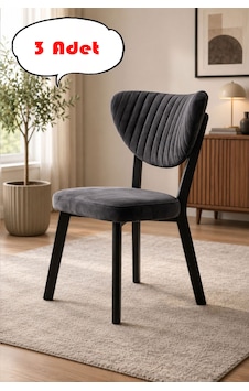 Teknor 3 Adet Elma Sandalye Modern Kadife Kapitone Sırtlı Mutfak Yemek Odası Balkon Kafe Sandalyesi 85 Cm Gri