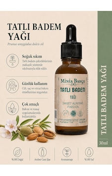 Minia Bahçe Tatlı Badem Yağı Soğuk Sıkım Sabit Yağ 30 ML Minia Bahçe Tatlı Badem Yağı Soğuk Sıkım Sabit Yağ 30 ML