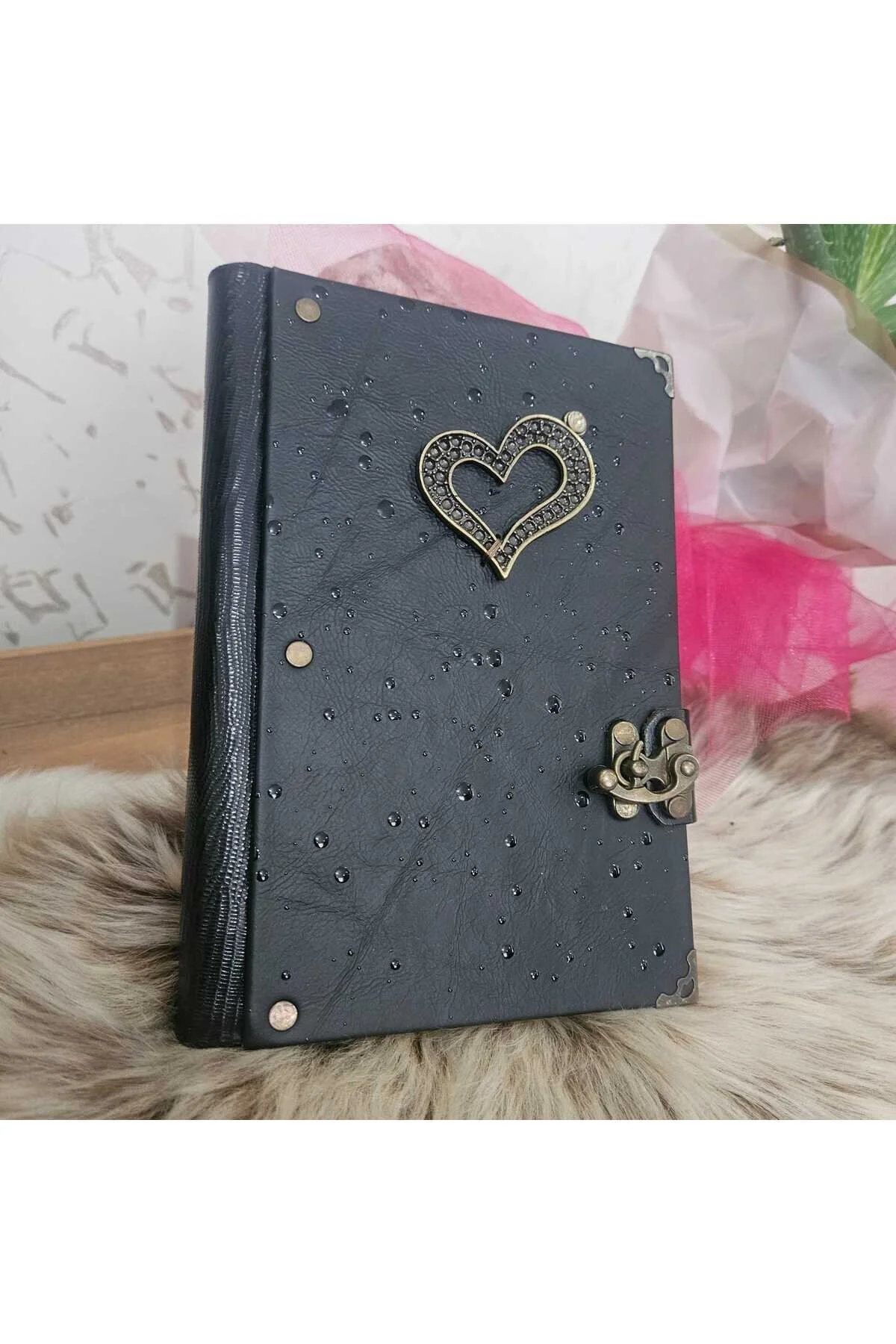 Kalp Aşkın Gözyaşı Damlaları Hakiki Deri Italyan Baskilı Desen El Yapımı Defter Siyah