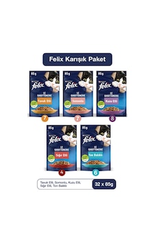Karışık Yaş Kedi Maması, 32 Adet X 85g, Tavuk Etli, Somonlu, Kuzu Etli, Sığır Etli, Ton Balıklı Fe-k85m