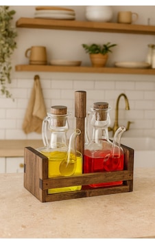 Ahşap Standlı Borosilikat Cam Zeytinyağı & Sirkelik Yağlık Seti 200 Ml Kahverengi Ahşap Standlı Borosilikat Cam Zeytinyağı & Sirkelik Yağlık Seti 200 Ml Kahverengi