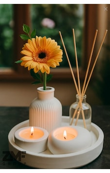 Dekoratif 5li Set Tepside Vazo, Sandal Ağacı Kokulu Mum, Tealight Mumluk Ve Oda Kokusu Beyaz Dekoratif 5li Set Tepside Vazo, Sandal Ağacı Kokulu Mum, Tealight Mumluk Ve Oda Kokusu Beyaz