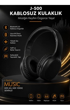 J500 Siyah Renk Bluetooth Kafa Üstü Kulaklık