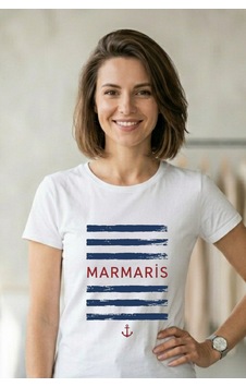 Baranışık Marmaris Marin Temalı Çizgili Ve Çapa Baskılı Unisex Tişört Beyaz Baranışık Marmaris Marin Temalı Çizgili Ve Çapa Baskılı Unisex Tişört Beyaz