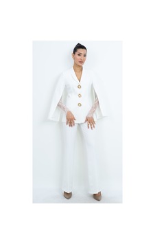 Dorne Moda Özel Koleksiyon Dantel Detaylı Takım Elbise - Düğün - Mezuniyet - Ofis Şıklığı beyaz