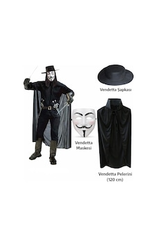 Vendetta Kostüm Seti Şapka Maske Pelerin 120 Cm "