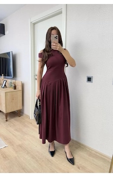 Reka Moda Asimetrik Düşük Yaka Kolsuz Uzun Elbise - Bordo Bordo