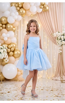 Butik Happy Kids Kız Çocuk Prenses Abiye Elbise Büyük Kurdele Detaylı Zarif Tasarım Çocuk Abiye Elbise 6-13 Yaş Bebe Mavi