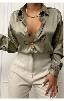 Madmext Mad Girls Leoparlı Vizon Saten Gömlek Mg187-vizon Vizon