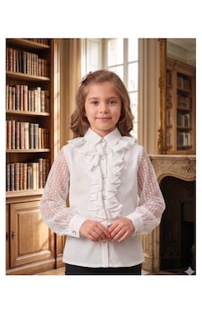 Elayza Kız Çocukları İçin Kolları Tülden Önü Fırfırlı Beyaz Gömlek / Okul Gömleği 315 Elayza Kız Çocukları İçin Kolları Tülden Önü Fırfırlı Beyaz Gömlek / Okul Gömleği 315