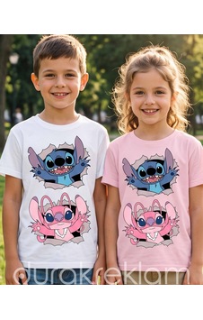 Stitch Ve Angel Yırtık Efektli Ikili Ütü İle Yapıştırılan Dtf Transfer Baskı Stitch Ve Angel Yırtık Efektli Ikili Ütü İle Yapıştırılan Dtf Transfer Baskı