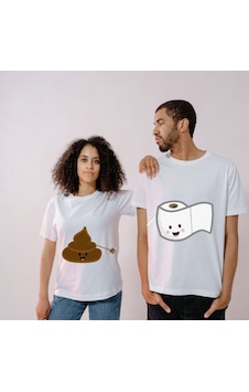 Sevimli Kaka Ve Tuvalet Kağıdı Tasarımlı Eş Tişörtleri - Komik Sevgili Tshirt Kombini Beyaz