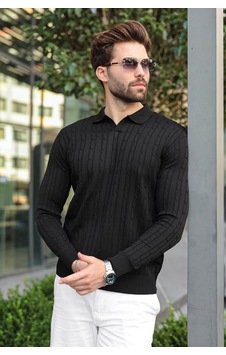 Madmext Siyah Polo Yaka Saç Örgü Desenli Erkek Triko Kazak E7519 Madmext Siyah Polo Yaka Saç Örgü Desenli Erkek Triko Kazak E7519