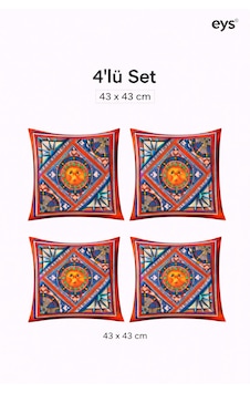 Dijital Baskılı Çift Taraflı Pamuklu Kırlent Kılıfı Gizli Fermuarlı, Astarlı 43 43 Cm 4'lü Set Desenli