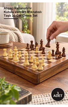 3 Adet Satranç Takımı Ahşap Katlanabilir Kutulu Vernikli Mıknatıslı Taşlı 30 Cm Chess Set