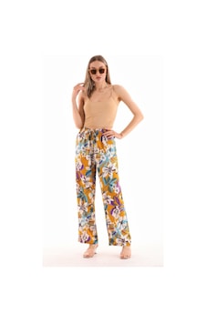 Polologin Butik Rahat Yazlık Sarı Bej Çiçek Detaylı Bol Paça Viskon Pantolon Turuncu Polologin Butik Rahat Yazlık Sarı Bej Çiçek Detaylı Bol Paça Viskon Pantolon Turuncu