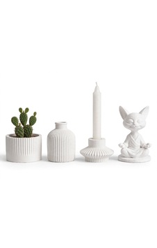 Zen Garden Seti 4 Parça - El Yapımı - Rillen Vazo Saksı Mumluk Ve Zen Cat Figürü - Taş Tozu - Beyaz