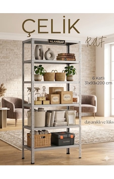 Çelik Raf 6 Katlı 31x93x200 Dekoratif Raf Sistemleri, Depo Rafı, Arşiv Rafı, Kiler Rafı Galvaniz