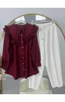 Lovie Moda Fırfır Yaka Bağcıklı Tunik Pantolonlu Takım Bordo Lovie Moda Fırfır Yaka Bağcıklı Tunik Pantolonlu Takım Bordo