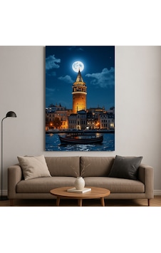Galata Kulesi Ve Dolunay İstanbul Un Büyüsü Cam Tablo Gece Işıltısı Temalı