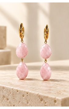 Gold Pembe İkili Damla Taşlı Sallantılı Küpe - Romantik Halka Takı Gold Pembe İkili Damla Taşlı Sallantılı Küpe - Romantik Halka Takı