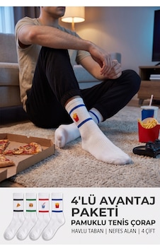 Lykos Erkek Beyaz Pamuklu Fast Food Desenli Tenis Çorap 4'lü Paket Havlu Taban Lykos Erkek Beyaz Pamuklu Fast Food Desenli Tenis Çorap 4'lü Paket Havlu Taban
