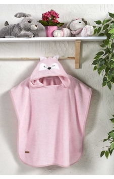 Ely Parker Kedi Figürlü Kapşonlu Çocuk Bornoz Panço Plaj Havlusu Pembe