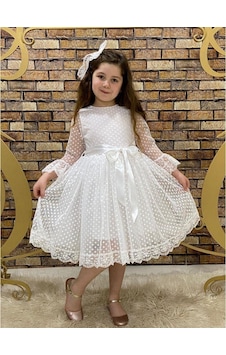 Kız Çocuk Dantelli Beyaz Mini Puantiyeli Kurdelalı Tül Elbise Beyaz