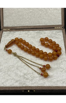 Rodajlı Gold Gümüş Aksamlı Sıkma Kehribar Tespih 10x10 Mm 32 Gr Altın - Gümüş