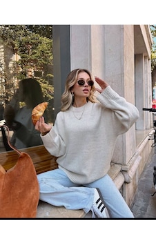 Kozia Outdoors Bisiklet Yaka Oversize Triko Kazak Bej Kozia Outdoors Bisiklet Yaka Oversize Triko Kazak Bej