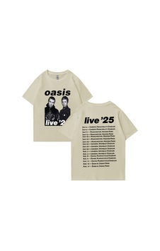 Flood Of Style Oasis Canlı 25 Tur Grafik T-shirt Adam Kadın Sıcak Satış 100% Pamuk Rahat O-boyun Kısa Kollu Bej