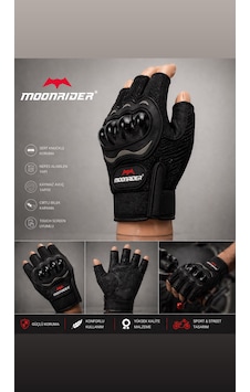 Moonrider Moonrıder Motosiklet Eldiveni Yarım Kesik Parmak Motorcu Eldiveni Korumalı Siyah