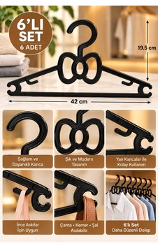 6 Lı Fiyonk Tasarımlı Slim Elbise Askısı Pantolon, Gömlek Ve Elbise İçin Çok Amaçlı Siyah Plastik Askı 42 Cm Siyah 6 Lı Fiyonk Tasarımlı Slim Elbise Askısı Pantolon, Gömlek Ve Elbise İçin Çok Amaçlı Siyah Plastik Askı 42 Cm Siyah