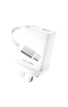 Ven-dens Vd-tc155bac 30 W Pd Hızlı Şarj Adaptörü, 2 Usb-c Ve 1 Usb-a Port, Geri Çekilebilir, Beyaz