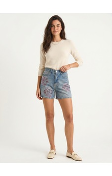 Onloox Kadın Mavi Mavi Pamuklu Yüksek Bel Gül Desenli Renkli Taş Baskılı Denim Shorts Onloox Kadın Mavi Mavi Pamuklu Yüksek Bel Gül Desenli Renkli Taş Baskılı Denim Shorts