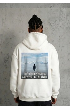 Tarzyeri Siyah Oversize - Sırt Baskılı "survivor Penguin" Temalı Felsefi Y Beyaz