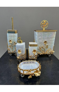Çiçekli Beyaz Cam Kare Banyo Set Gold Çiçekli Beyaz Cam Kare Banyo Set Gold