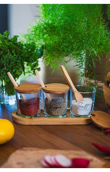 Marsala Bambu Kaşıklı Ve Stantlı 3'lü Baharatlık Seti 190 Cc Renkli