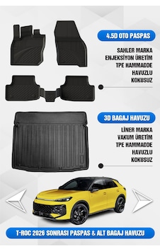 Volkswagen T-roc 2026 Sonrası Uyumlu 4.5d Premium Havuzlu Oto Paspas Ve Liner Alt Bagaj Havuzu